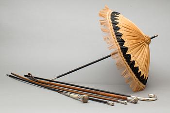 KÄPPAR, PARASOLL samt RIDSPÖN, 6 st, silverskodda, 1900-talets första hälft.
