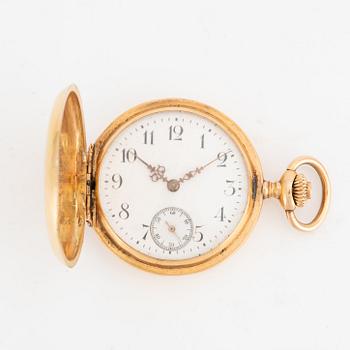 Omega, pocket watch, hunter, 18K gold, 34.5 mm.