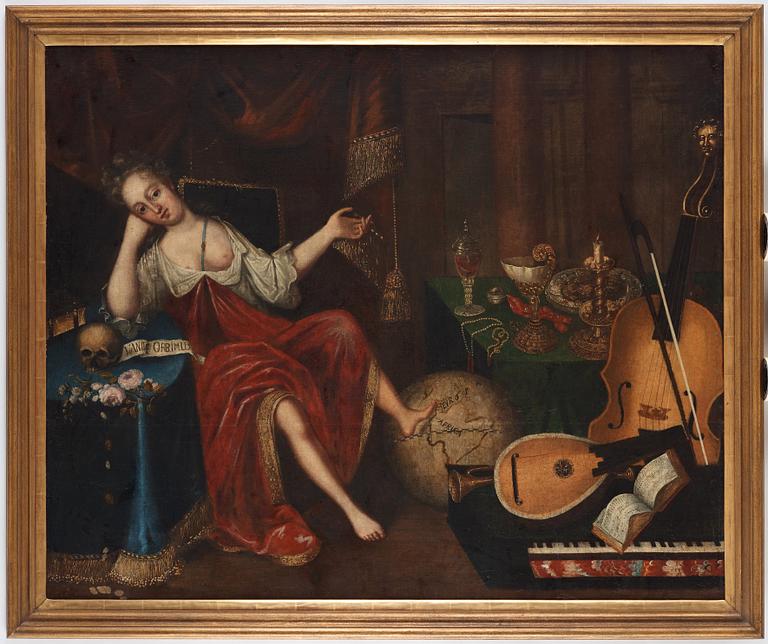 Unknown artist 17th Century. Vanitas with silver objects, musical instruments and a skull.