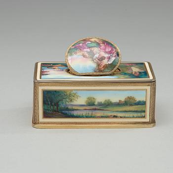 A Swiss early 20th century gilt metal and enamel music-box.