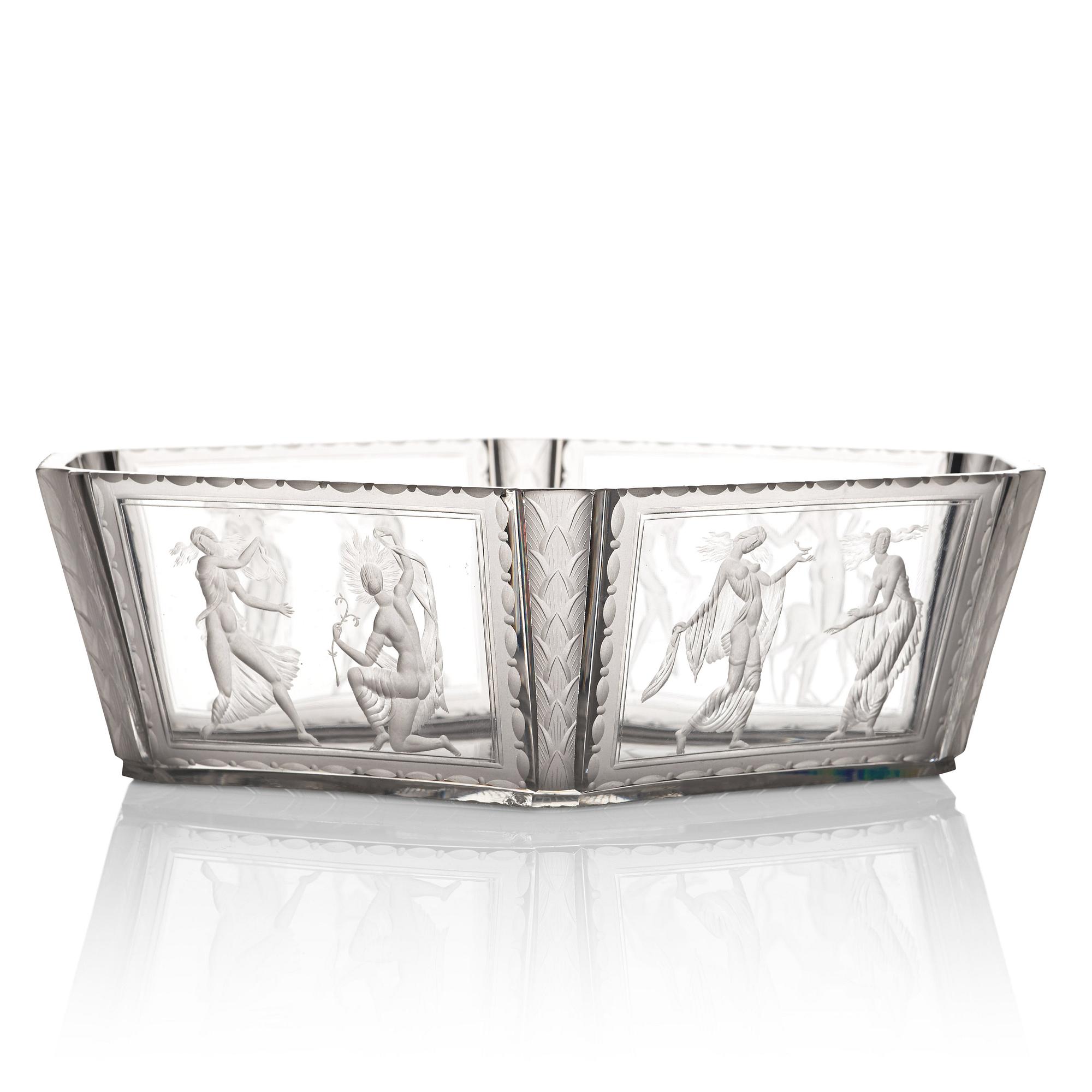 Simon Gate, an hexagonal engraved bowl, Orrefors, Sweden 1922, engraved by Richard Bayer, model nr 237.