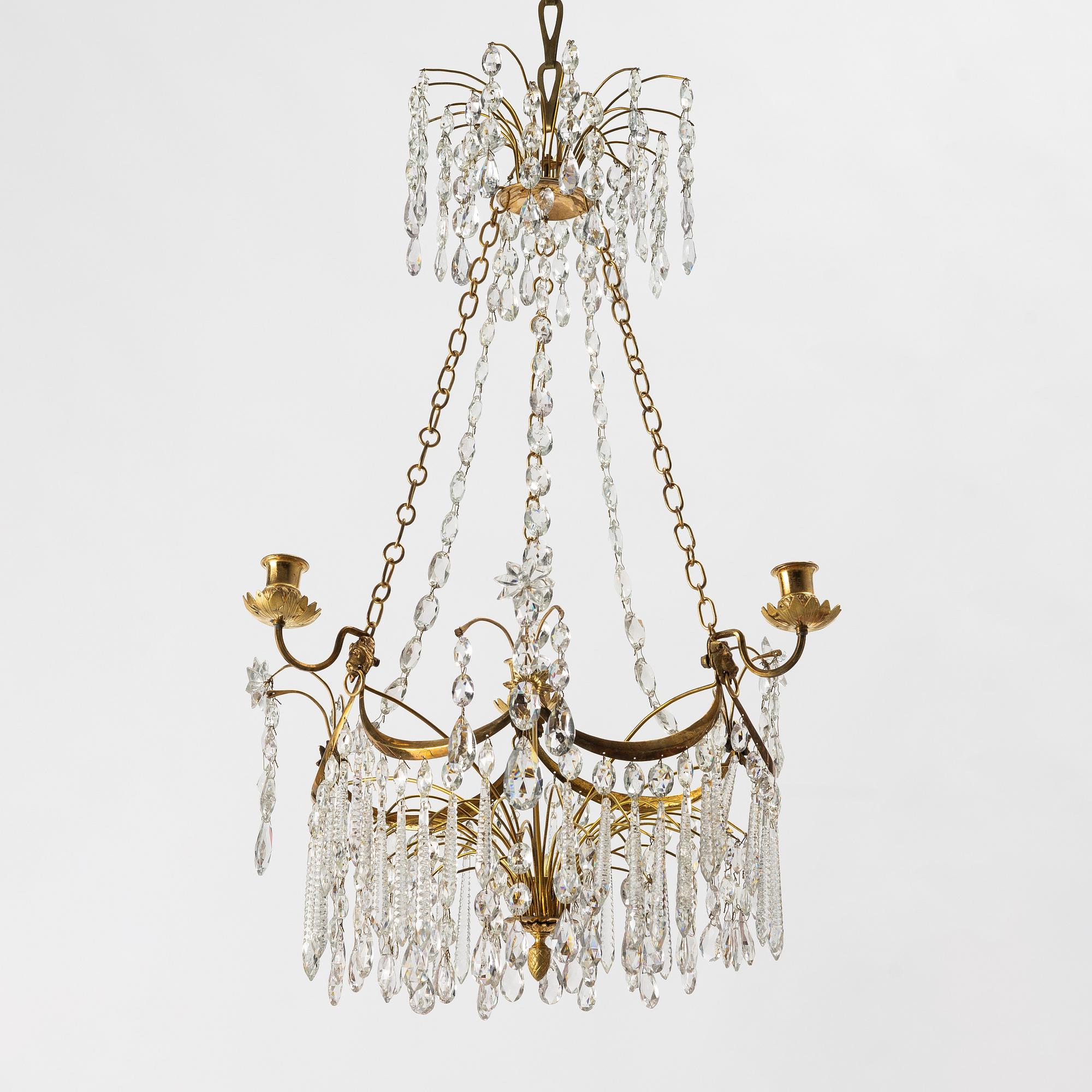 Ljuskrona, för fyra ljus, Stockholmsarbete, 1700-talets slut, Sengustaviansk.