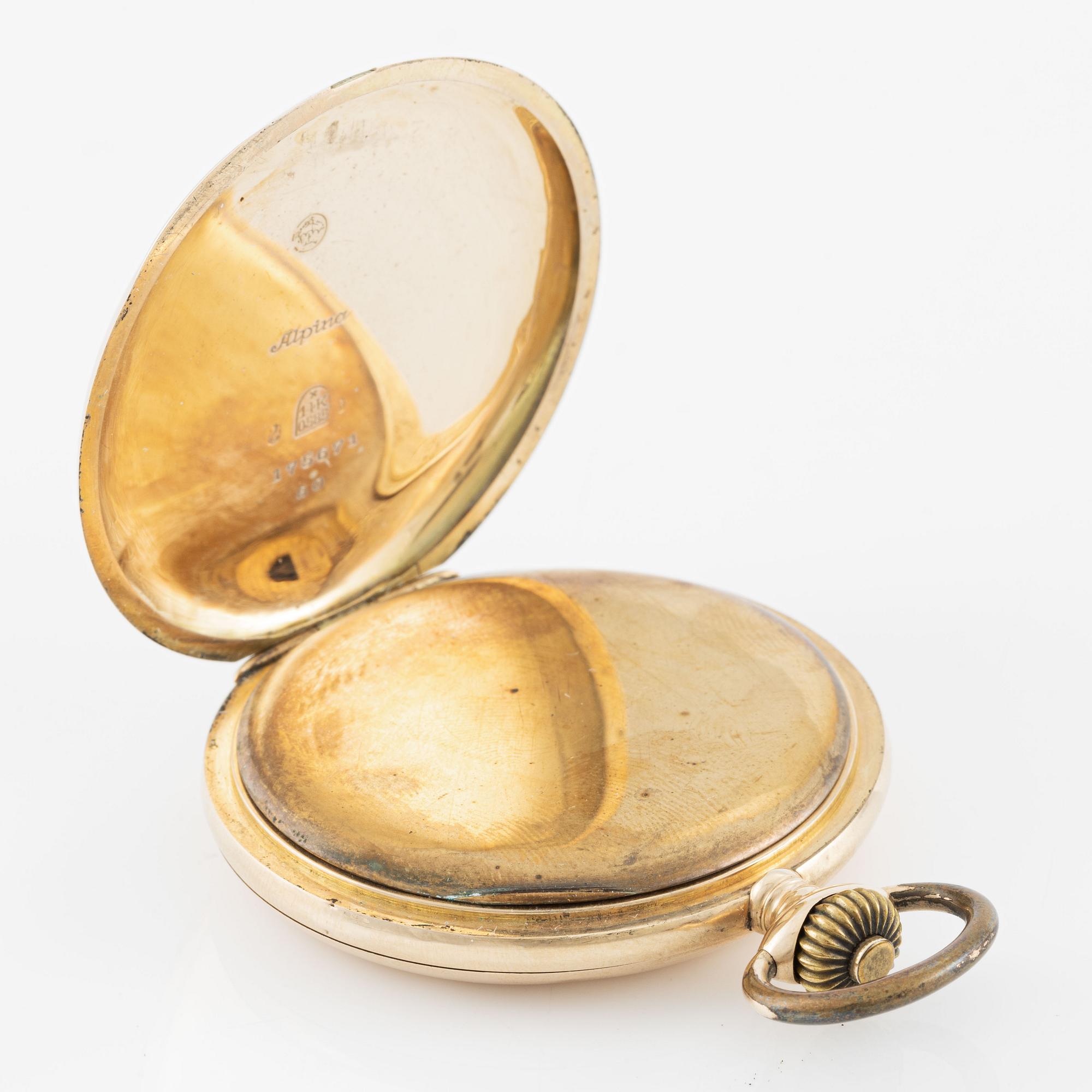 Alpina, pocket watch, hunter, 14K gold, 53 mm.