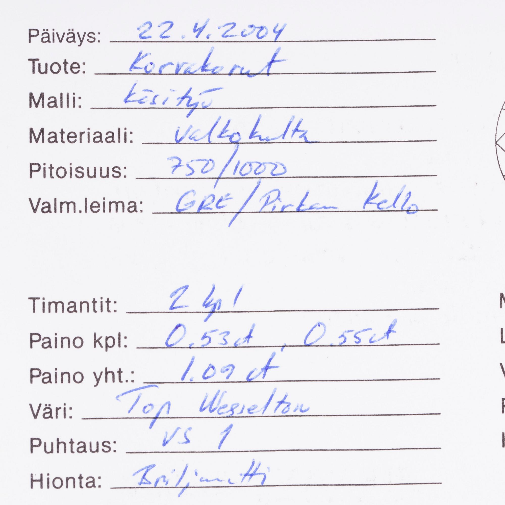 ÖRHÄNGEN, 18K vitguld, diamanter, tot. 1,09 ct. Intyg Pirkan Kello. Vikt ca 3,6 g.