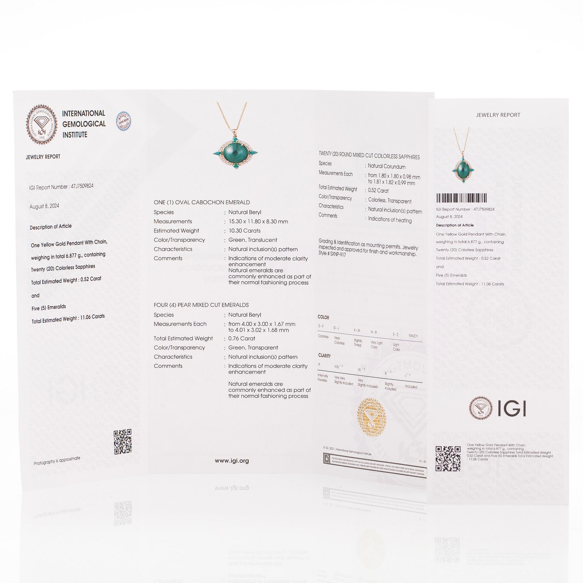 Halsband med hänge, 14K guld, smaragder och vita safirer. IGI sertifikat medföljer.