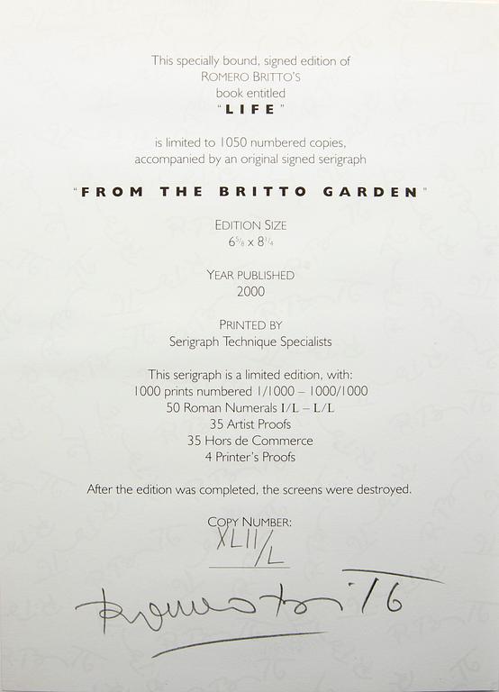 Romero Britto,  book signed and numbered XLII/L  included a lithograph.