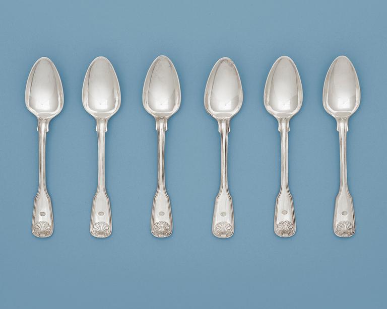 A Swedish 19th century set of six silver dessert spoons, makers mark of Gustaf Möllenborg Féron, Stockholm 1854.