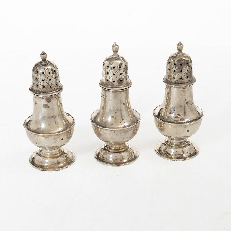 Three silver shakers by William Hutton & sons Ltd, London, England, 1903.