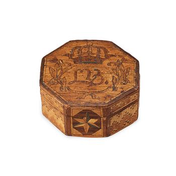 590. A Swedish 18th century straw-work box with cover, with the monogram of Queen Lovisa Ulrika.