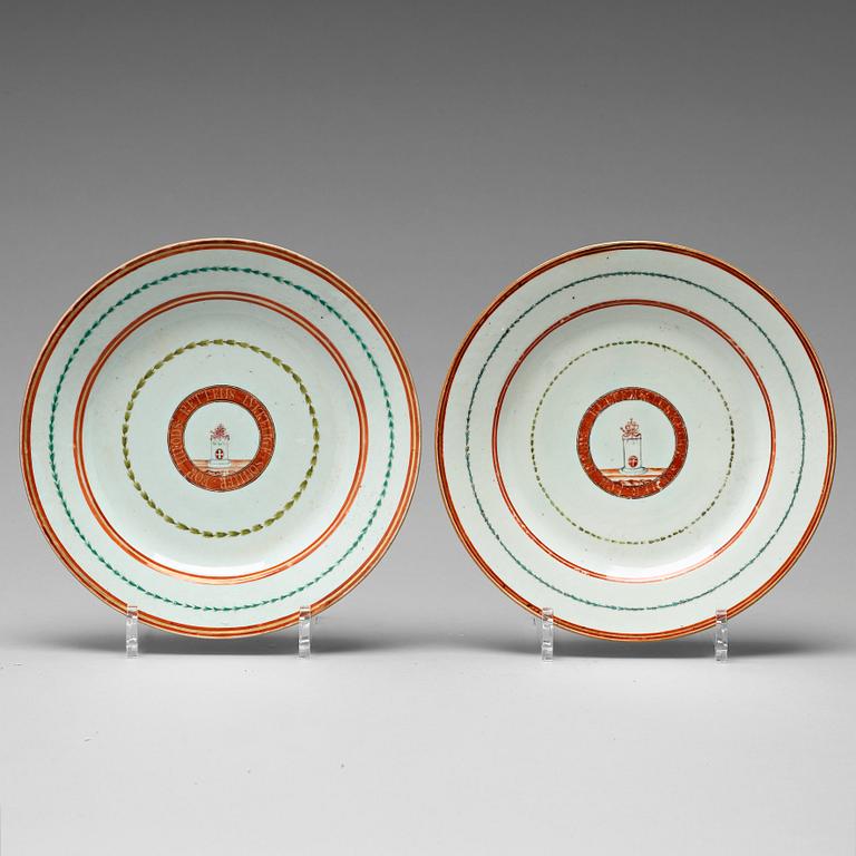 A pair of famille rose armorial dinner plates, Qing dynasty, Qianlong (1736-95).