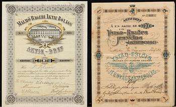 AKTIEBREV, två st, omkring 1898 resp 1901.