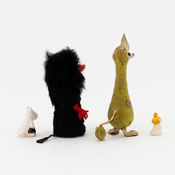 Atelier Fauni, two moomin figures, and two moomin porcelain figurines, Finland, 1950's/60's.