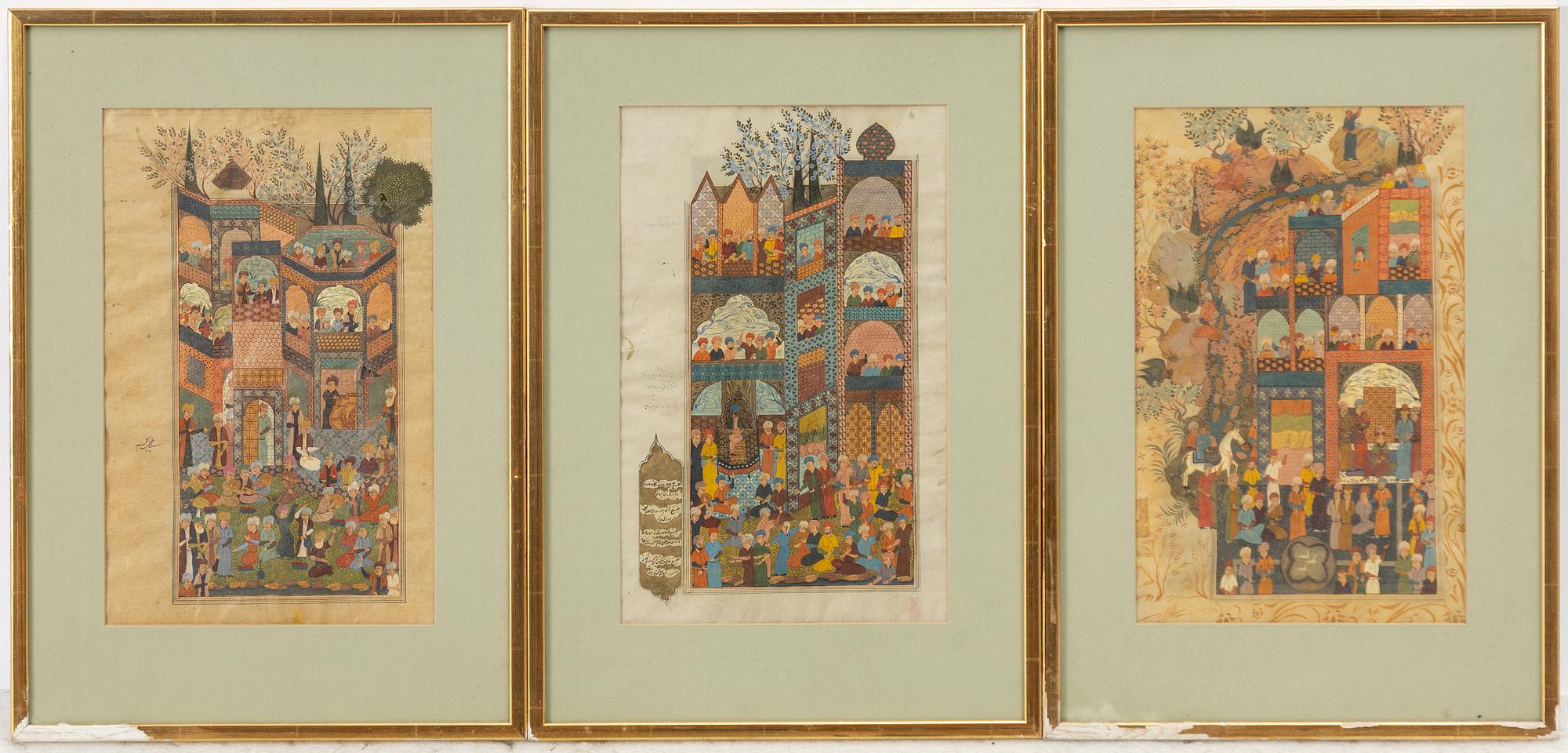 Manuscript pages/paintings, three pieces, Persia/Iran, late Qajar dynasty / early 20th century.