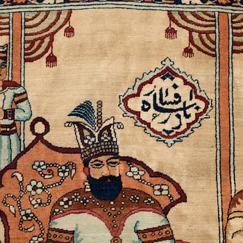 A rug, an antique Kerman Laver figural, ca 204-205 x 138,5-139 cm (as well as ca 0,5 cm flat weave at the the ends).