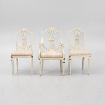 A pair of Gustavian chair and an armchair, Sweden, 19th century.