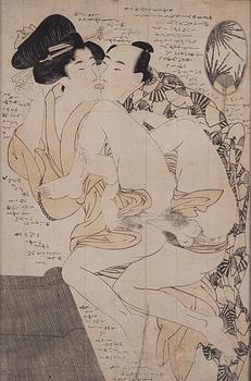 Oidentiferad konstnär, två träsnitt med erotiska s.k. 'shunga'-motiv, Japan, sen Meiji/1900-talets första hälft.
