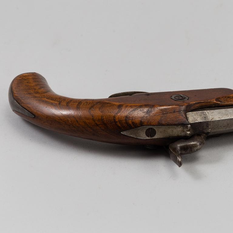 One flint lock postol, late 18th ct, and one percussion pistol, 19th ct.