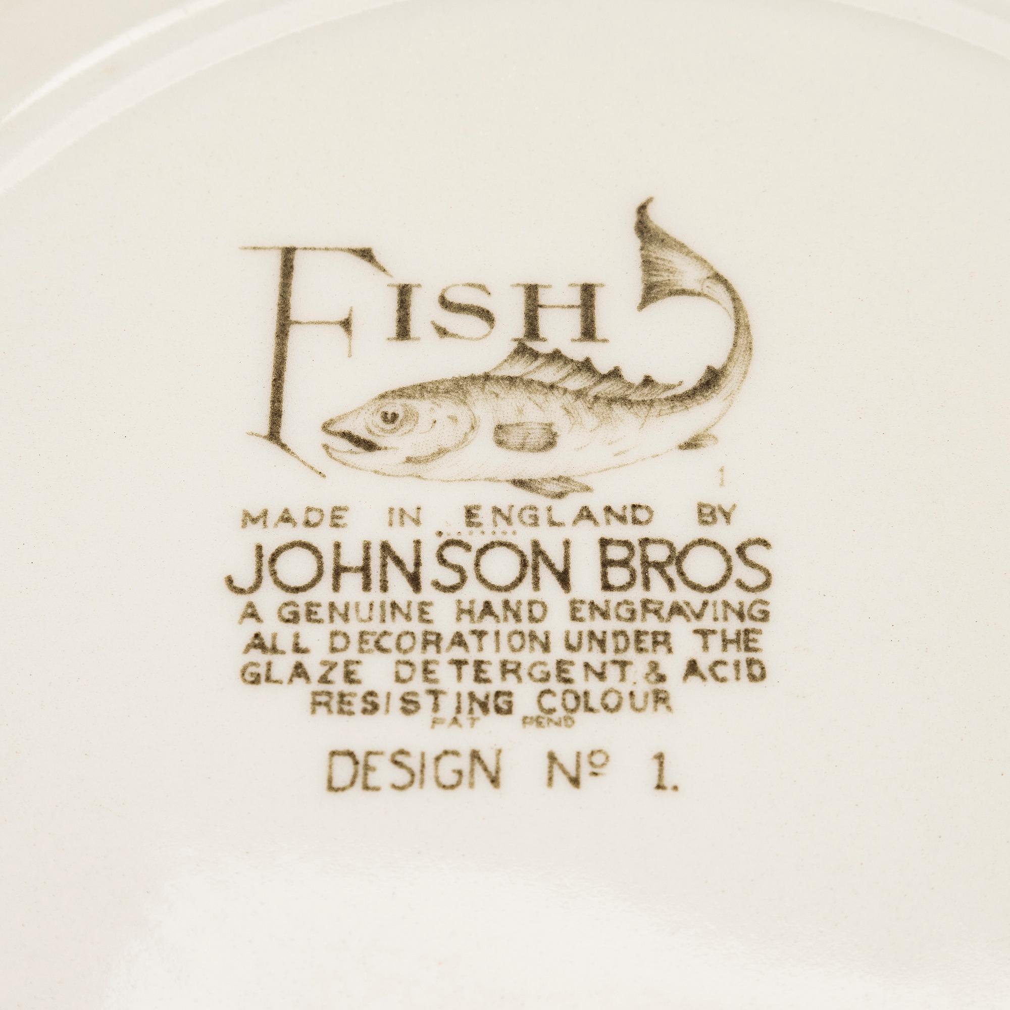 18 “Fishes” plates, earthenware, Johnson Bros, England, first half/mid-20th century.