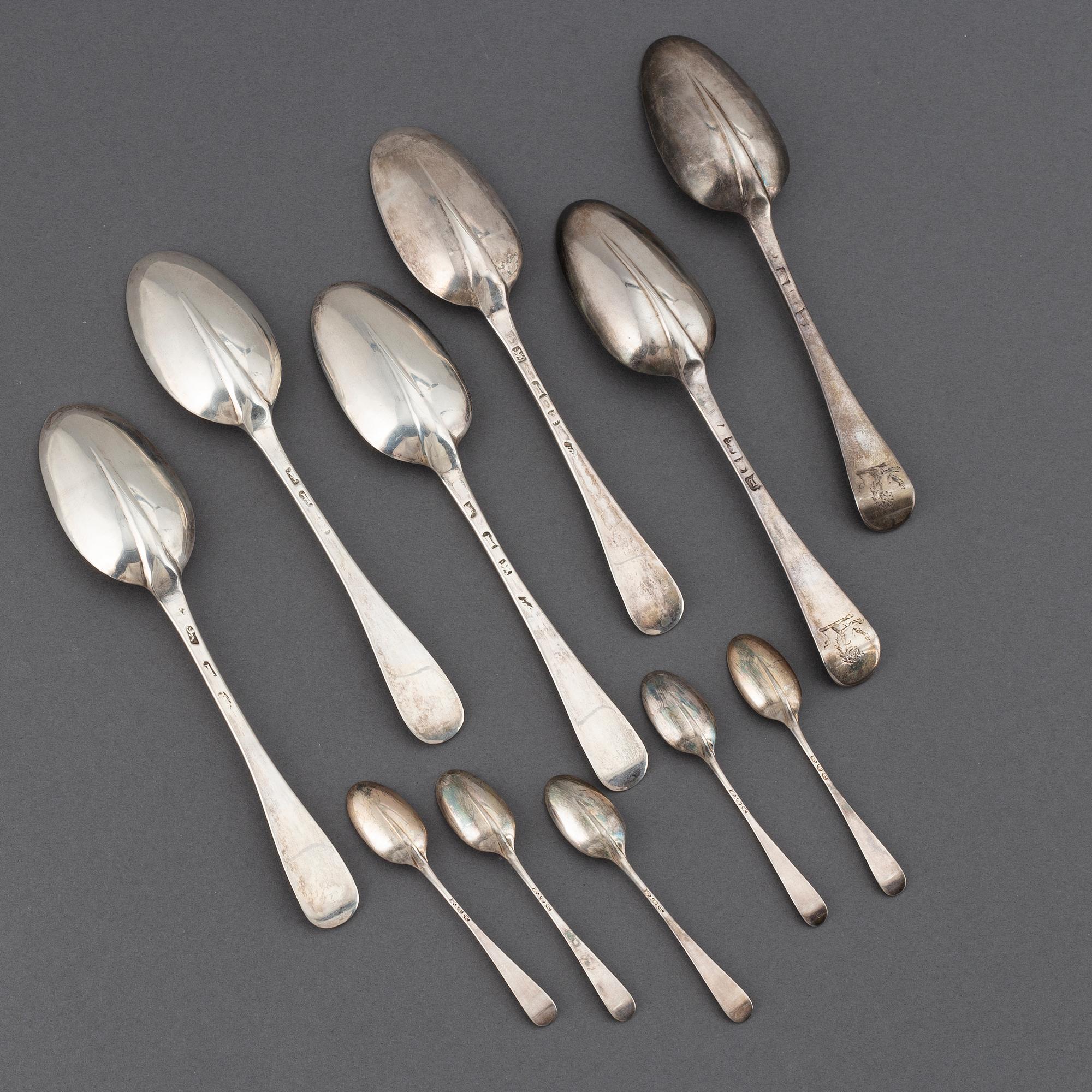 6 English silver spoons, 18th century.