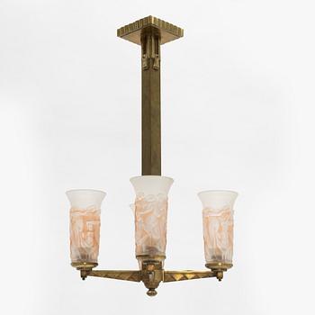 A brass and glass Art Deco ceiling light, probably France, first half of the 20th Century.