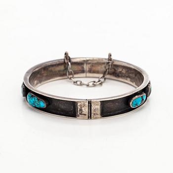 Bracelet, pendant and earrings, silver, turquoise, Tillander, Helsinki, 1950s.
