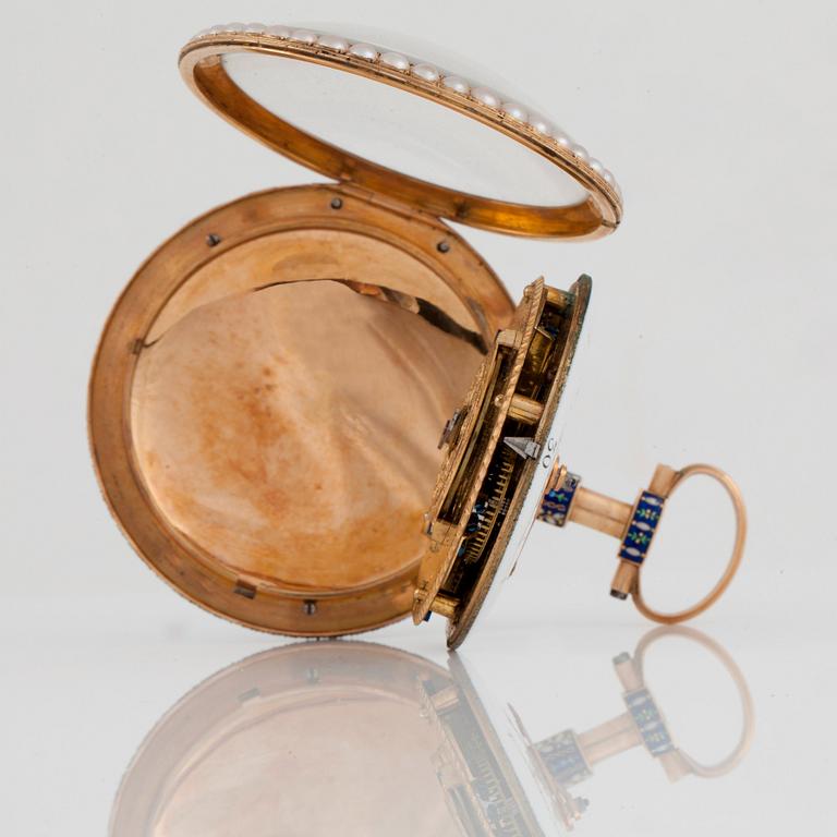FICKUR, guld, emalj, pärlor samt pastestenar, märkt: "Breguet, Paris", sannolikt 1700-talets slut.