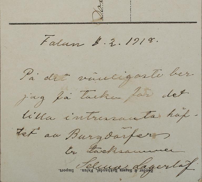 SELMA LAGERLÖF, vykort med namnteckning, dat Falun 8.2. 1918.