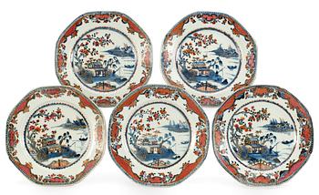 360. A set of five blue and pink plates, Qing dynasty, (Qianlong 1736-95).