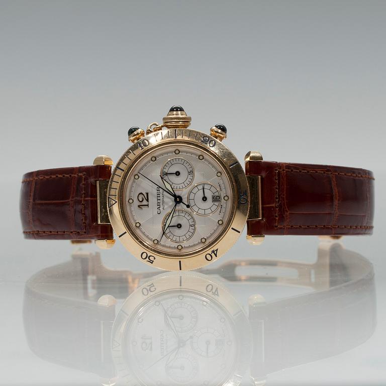 ARMBANDSUR, herr, Cartier Pasha Chrono, 18K guld, original l
äder armband 1999.