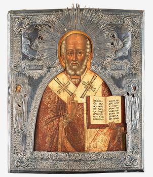 952. A Russian 19th century silver icon of St. Nicolaus, marked St. Petersburg 1842.