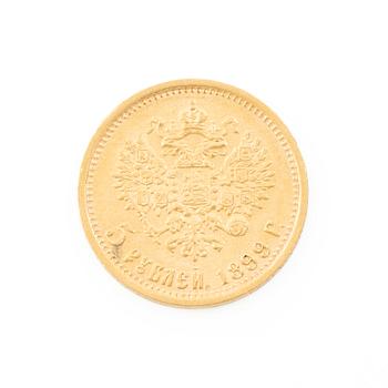 Gold coin, Nicholas II, Russia, 5 Rubles, 1899.