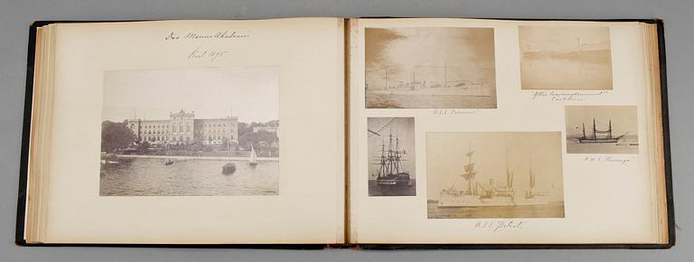 ALBUM, fotografi/vykort, ca 60 st, Örlogsfartyg, 1800-talets slut.