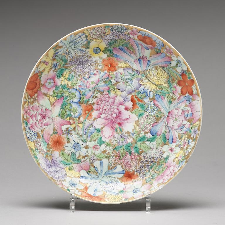 A set of three mille fiori plates, late Qing dynasty, with Qianlong mark.