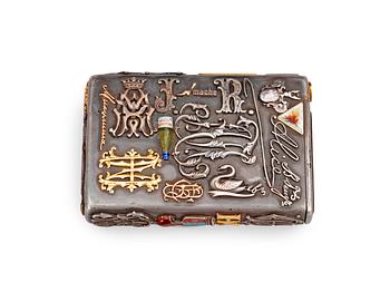 A CIGARRETTE Russian 19th century parcel gilt and enameld cigarette-case, makers mark of Michael Isakov, S.t Petersburg.