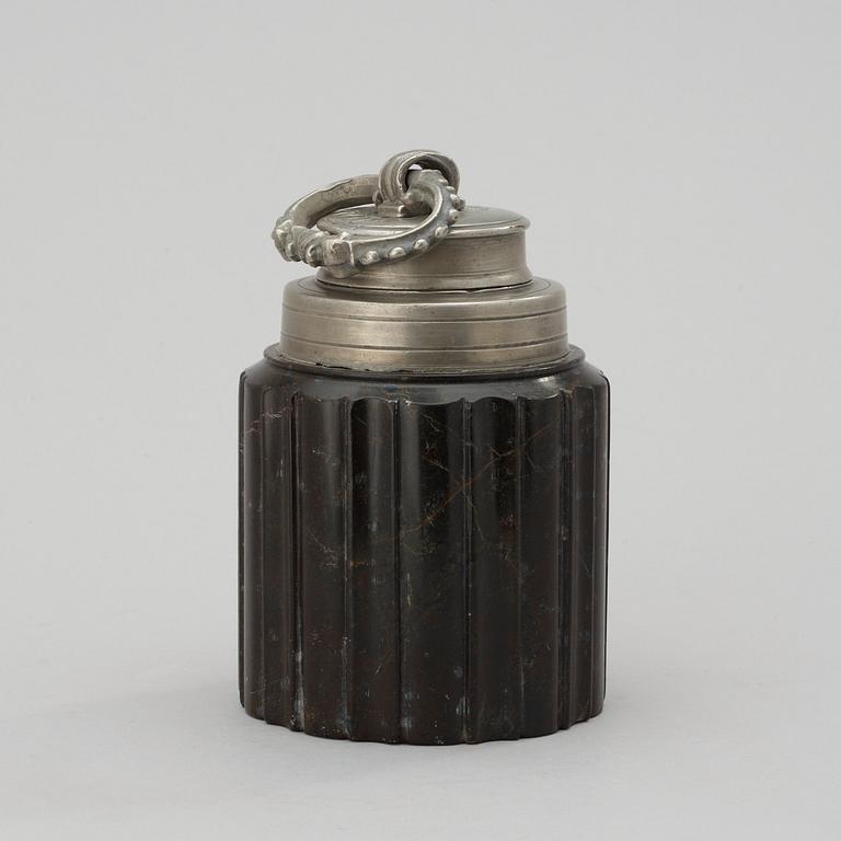 A Baroque 17th century serpentine stone and pewter jar with cover.