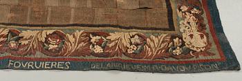 A TAPESTRY, tapestry weave, ca 299,5 x 212,5 cm, signed FOVRUIERES, 
DELANRIEVE.M.R.DABUSSON, Aubusson 17th century.