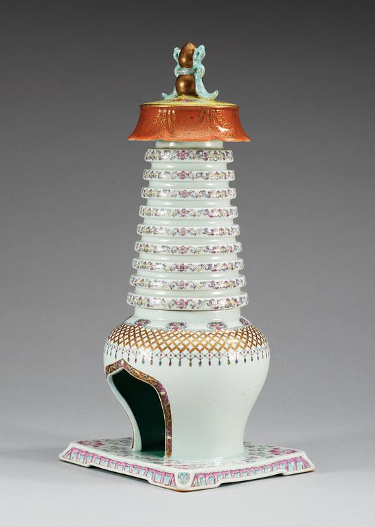 A famille rose stupa, presumably early 20th Century with Qianlong's seal mark in gold.