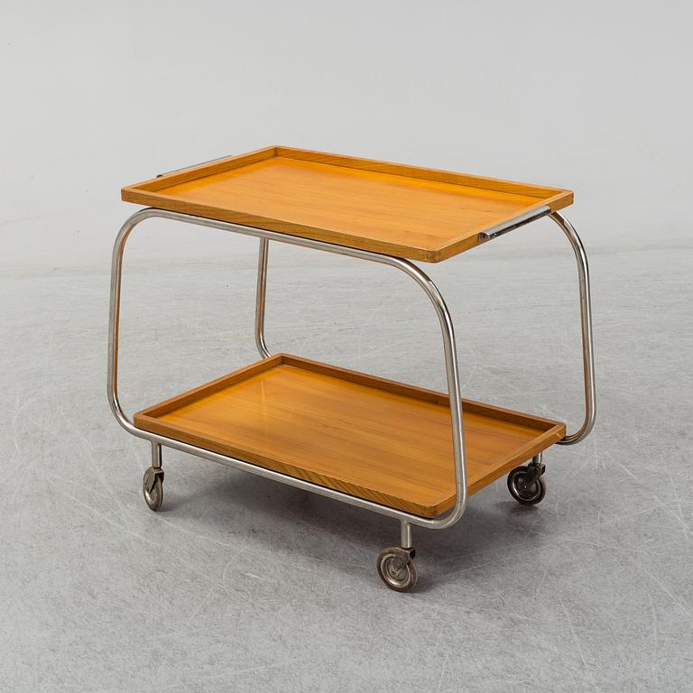 An elm and tubular steel drinks trolley, 1930's.