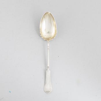 Two serving spoons, low-grade silver, 19th Century, possibly marks of Jacob Andreas Mort, Oslo (1796 - 1854) and of.