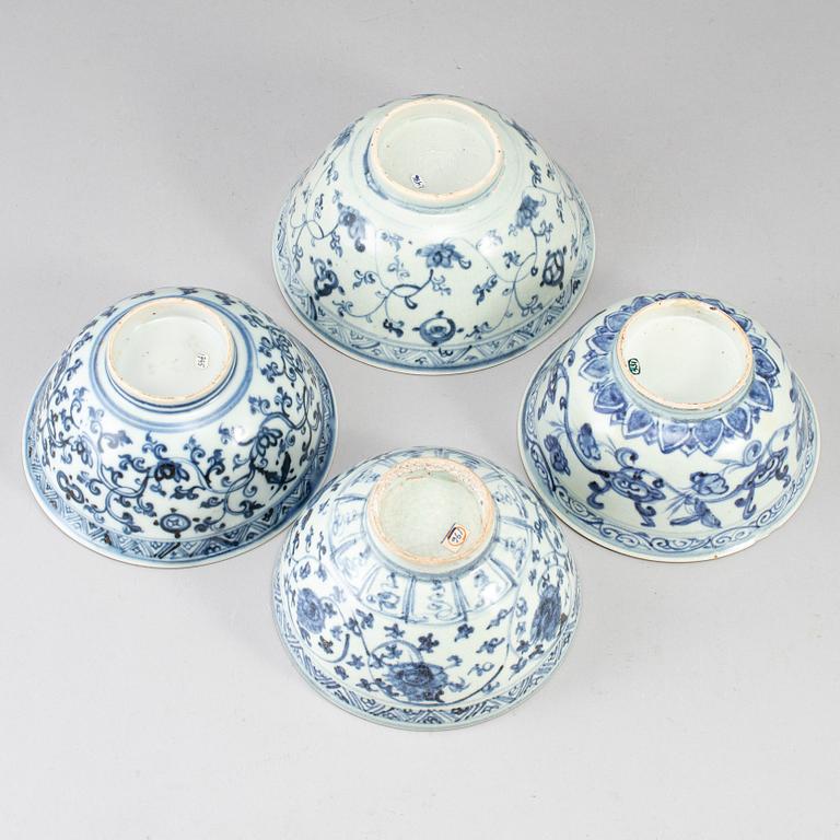 A group of five blue and white South East Asian ceramic bowls, 18th-20th Century.
