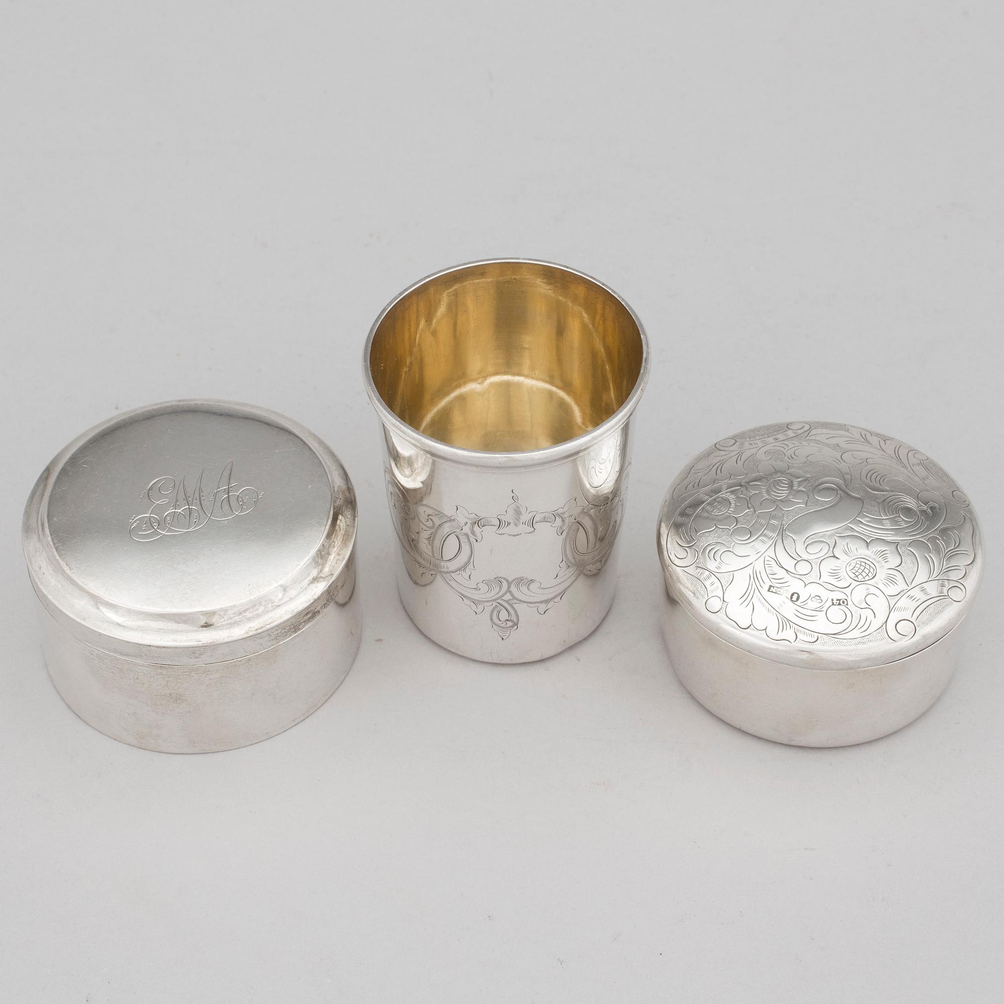 Two Swedish 19th Century silver boxes and one silver beaker, one made by Johan Petter Grönvall, 1827, Stockholm.