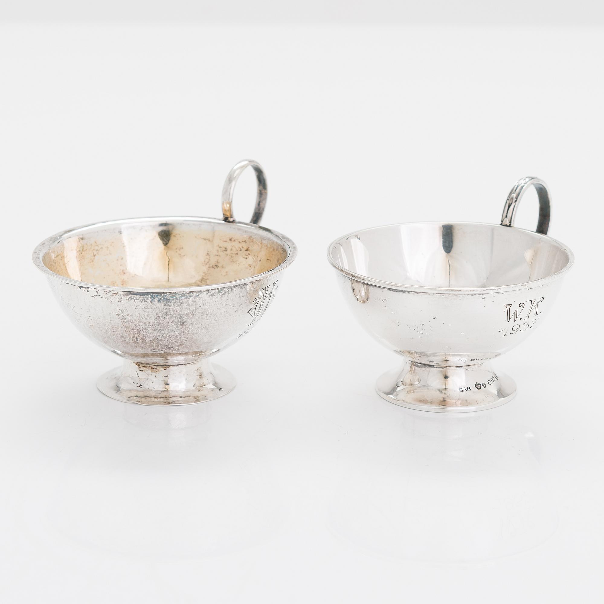 Two sterling silver bowls, Gustav Jansson 1955, 1960, and eight similar silver punsch cups, GAB and CGH 1933-41. Sweden.
