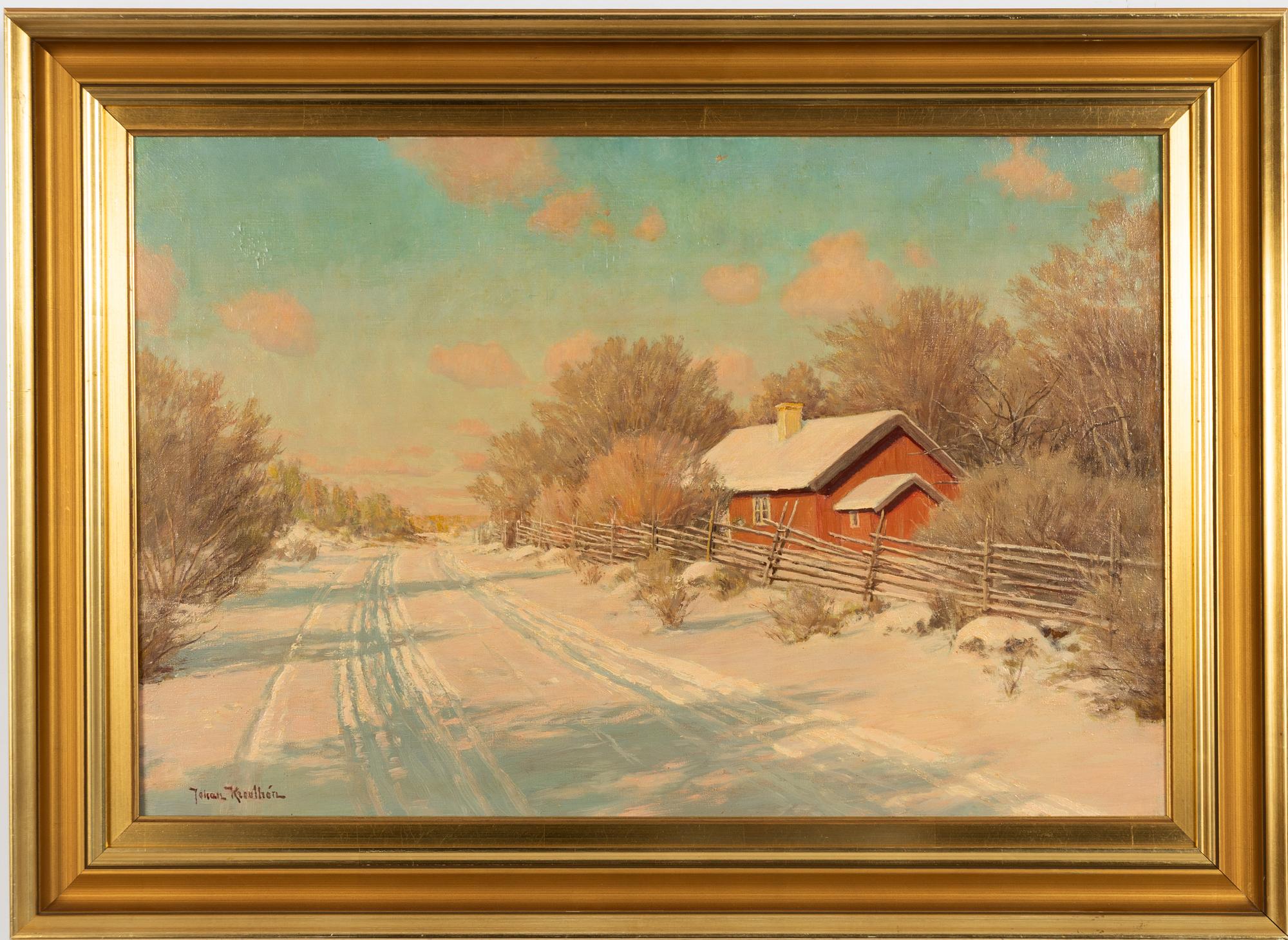 Johan Krouthén, Winter Landscape with Red Cottage.