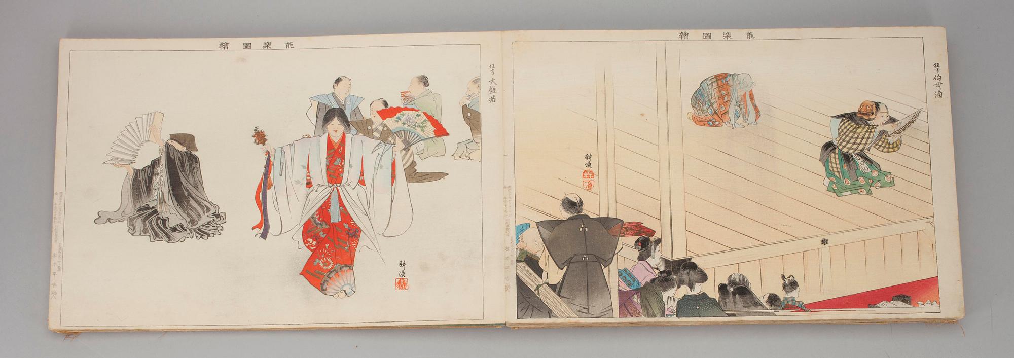 TSUKIOKA KOGYO, träsnitt, 52 st, "No gaku zu e" sign. Tokyo Japan 1898. Del 1.