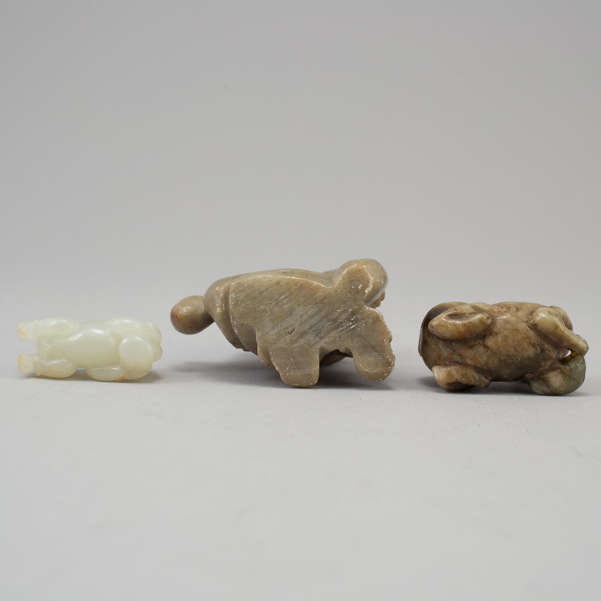 Three chinese 20th century nephrite and stone sculptures.