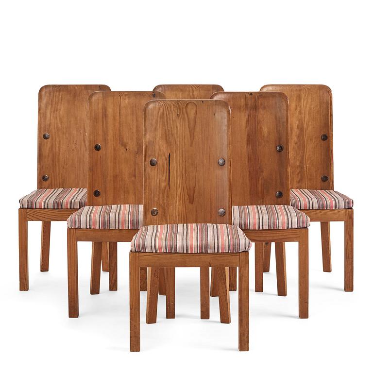 Axel Einar Hjorth, a set of six stained pine "Lovö" chairs, Nordiska Kompaniet, Sweden, 1930s.