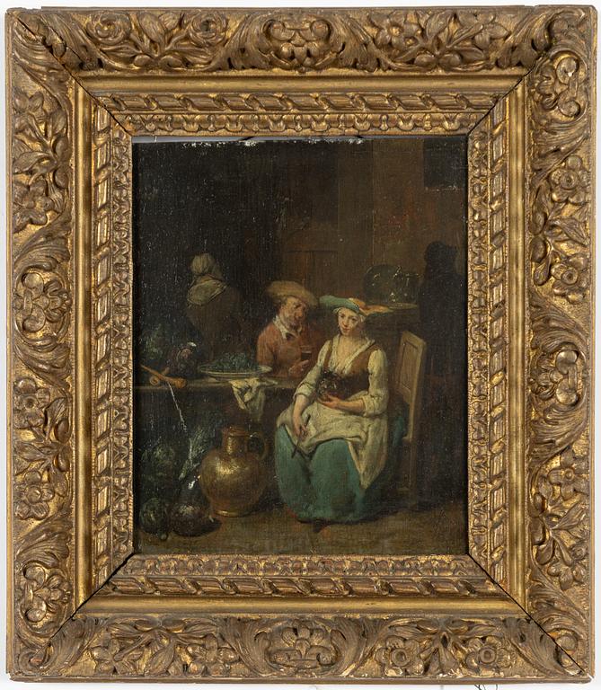 Jan Baptist Lambrechts, attributed to, Interior with a woman working in the kitchen and a man drinking wine.