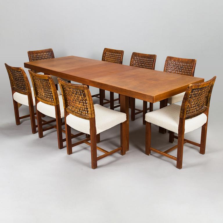 Carl Gustaf Hiort af Ornäs, a mid-20th Century dining table and eight chairs for  för HMN Huonekalu Mikko Nupponen.