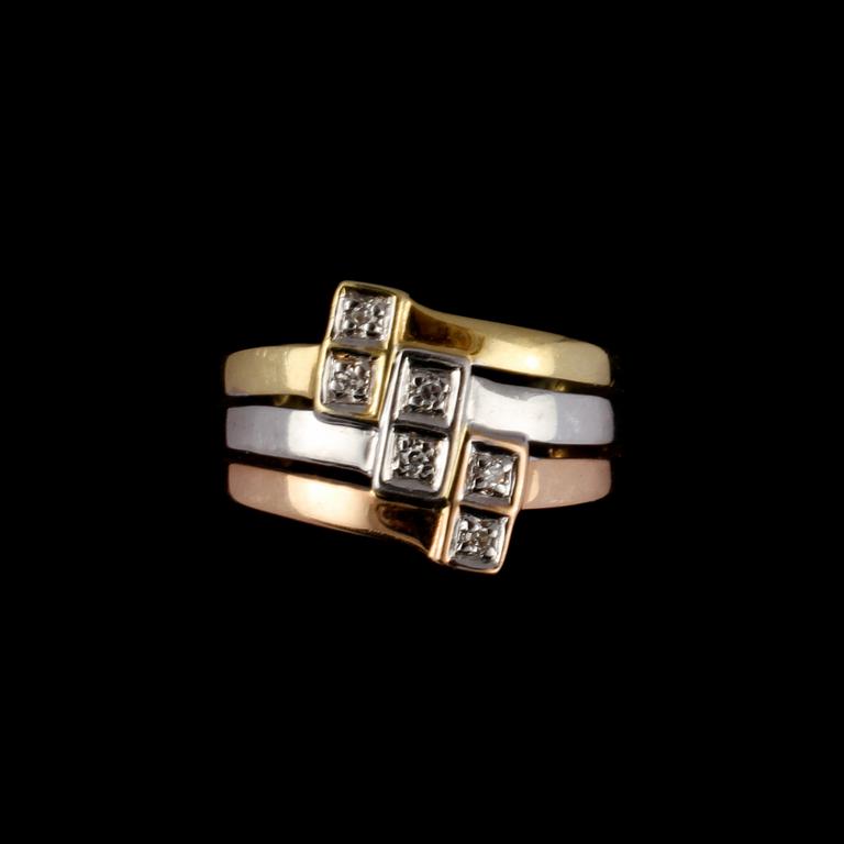 RING, 18k trefärgat guld med 6 åttkantslipade diamanter, Iduna, Varberg. Vikt 3 g.