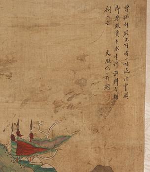 Four hanging scrolls with scenes from the history of the Three Kingdoms, late Qing dynasty (1644-1912).